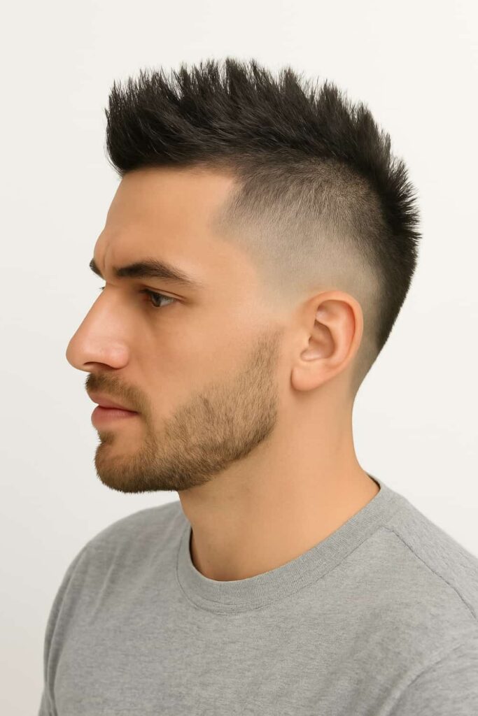 Edgy Short Mohawk with Clean Low Burst Fade