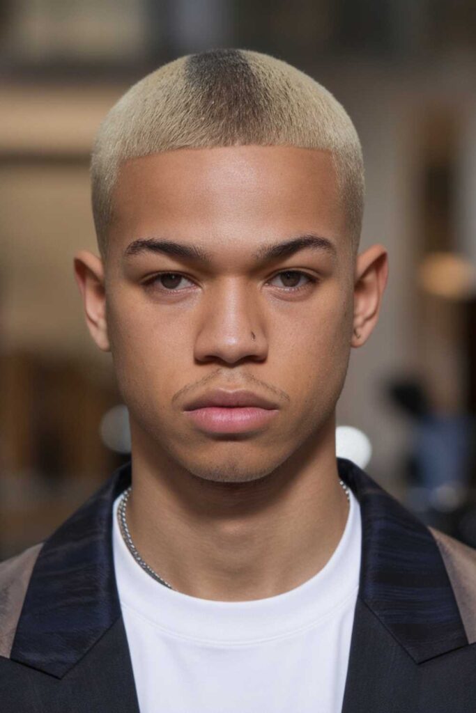 Low Taper Fade for Black Men 16 Low Taper Fade with High-Contrast Blonde Top