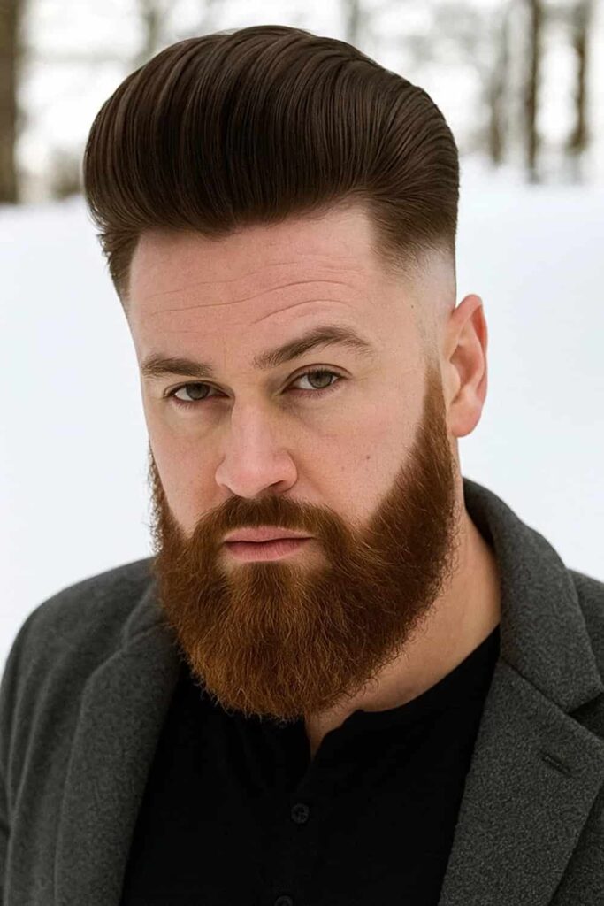Pompadour with Low Fade and HeavyBeard
