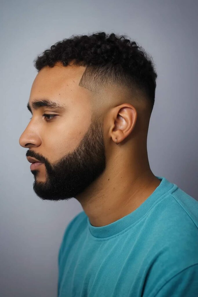 Short Curly Hair Fade with Line Up