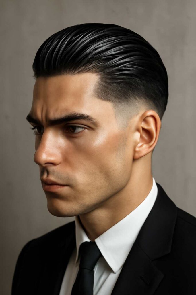 Long Hair Low Taper Fade Ideas 1 Slick Back with Low Taper Fade