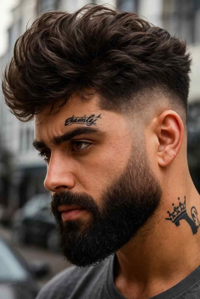 Tousled Brush Up with Low Fade and Beard