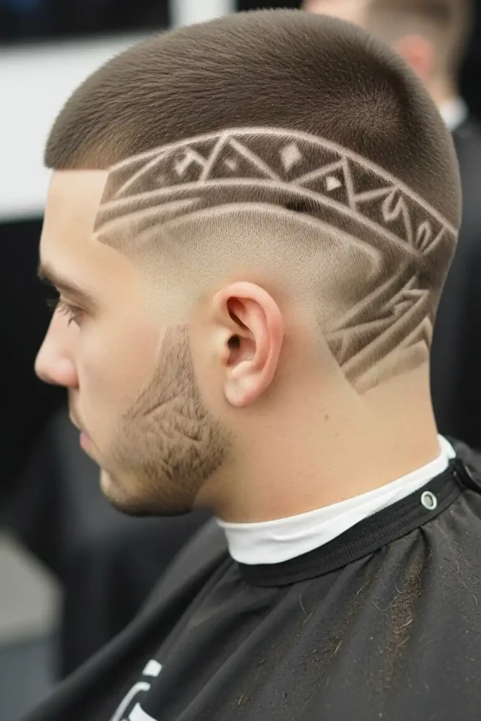 Buzz Cut Low Fade with Shaved Designs