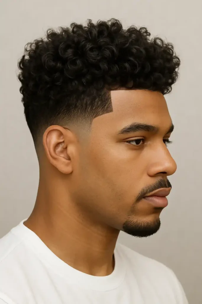 Curly Blowout with Low Fade and Line Up