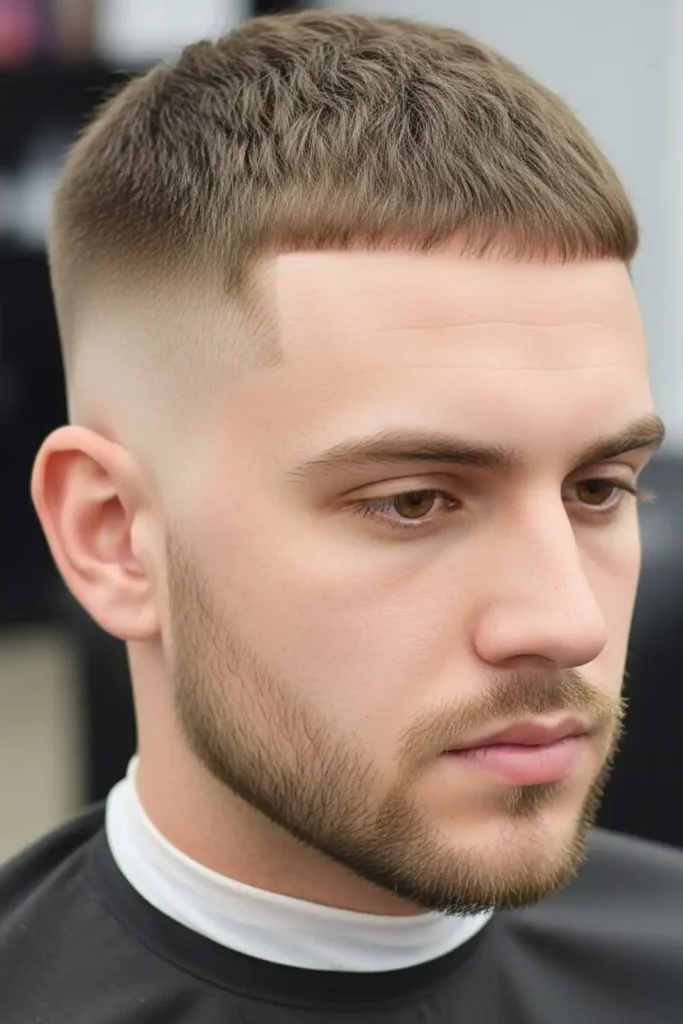 Low Fade Buzz Cut with Faded Sideburns