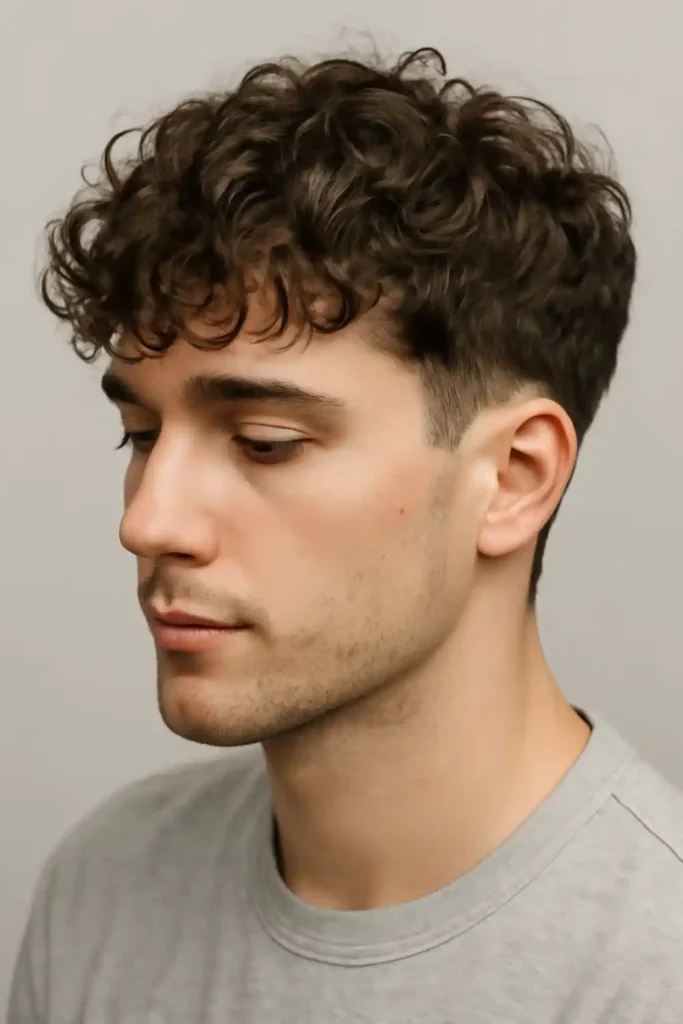 Low Taper Fade with Curly Fringe