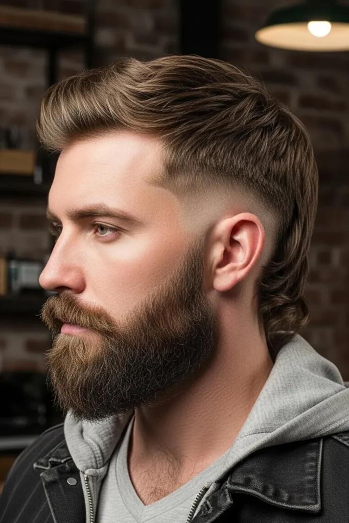Edgy Low Taper Fade Mullet with Beard