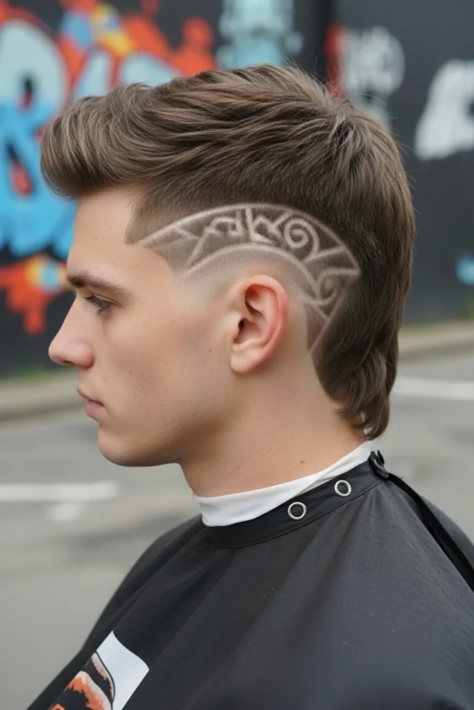 Low Taper Fade Mullet with Design